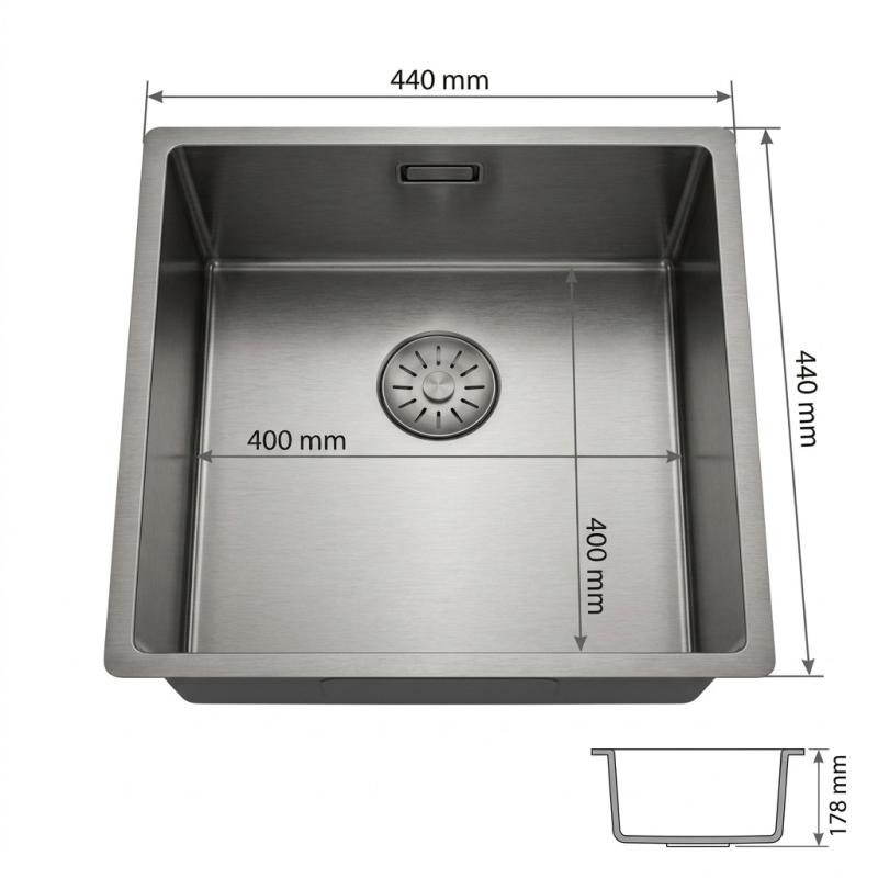 Pure.Sink Comfort PVD Gun metal spoelbak 40x40 cm 10mm radius onderbouw, vlakbouw en opbouw PCM4040-61